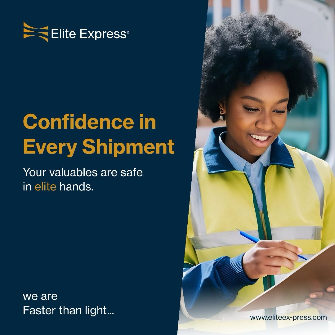 Smiling delivery worker in high-visibility jacket holding clipboard. Text: Confidence in Every Shipment. www.elite-express.com