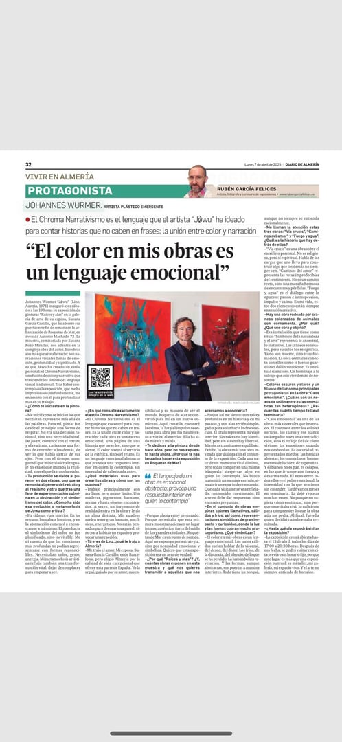 Newspaper article featuring an artist discussing color as an emotional language, with accompanying portrait and artwork images.
