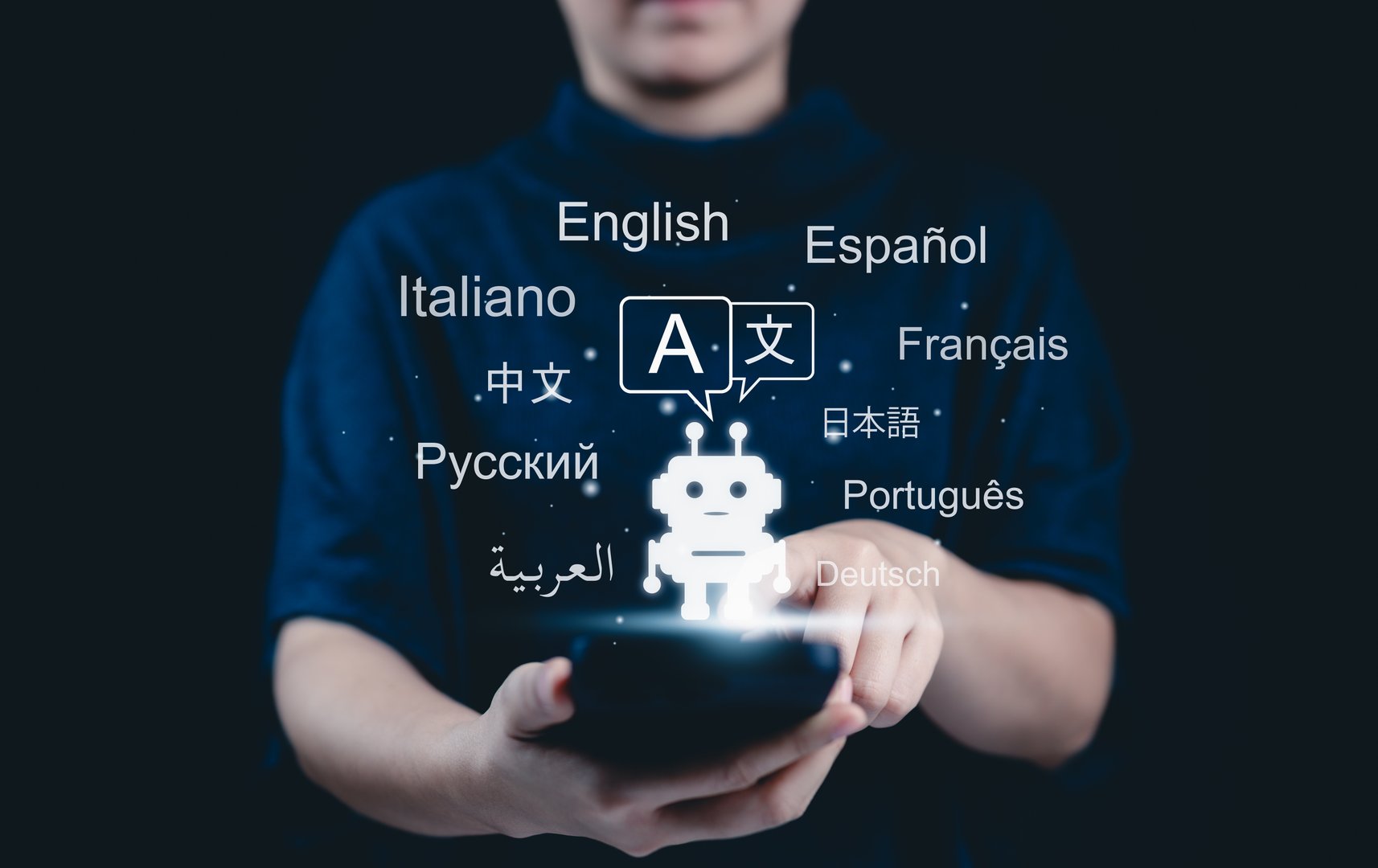 AI-Powered Language Translate App Concept. A woman holds smartphone displaying an AI powered language translation app. Screen features robot and multiple languages, global communication. multilingual,