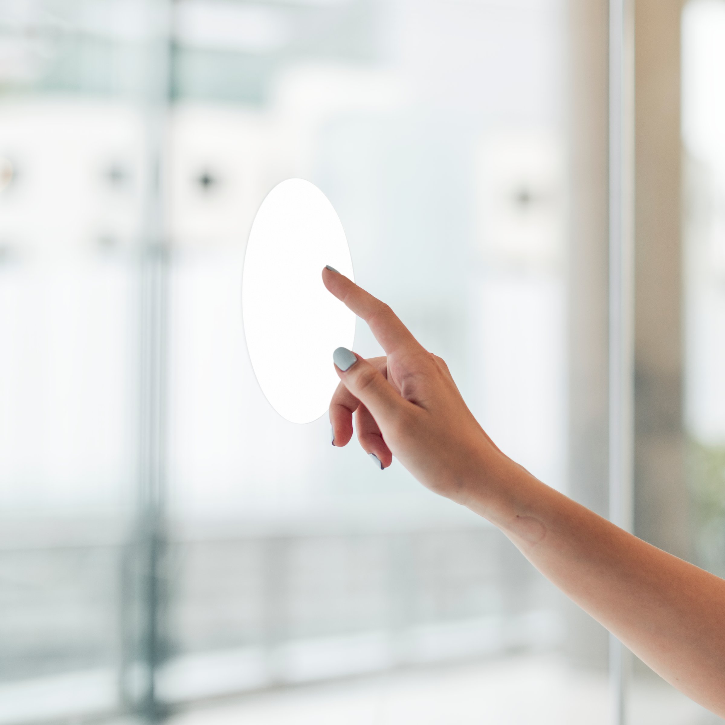 Hand touching transparent presentation screen