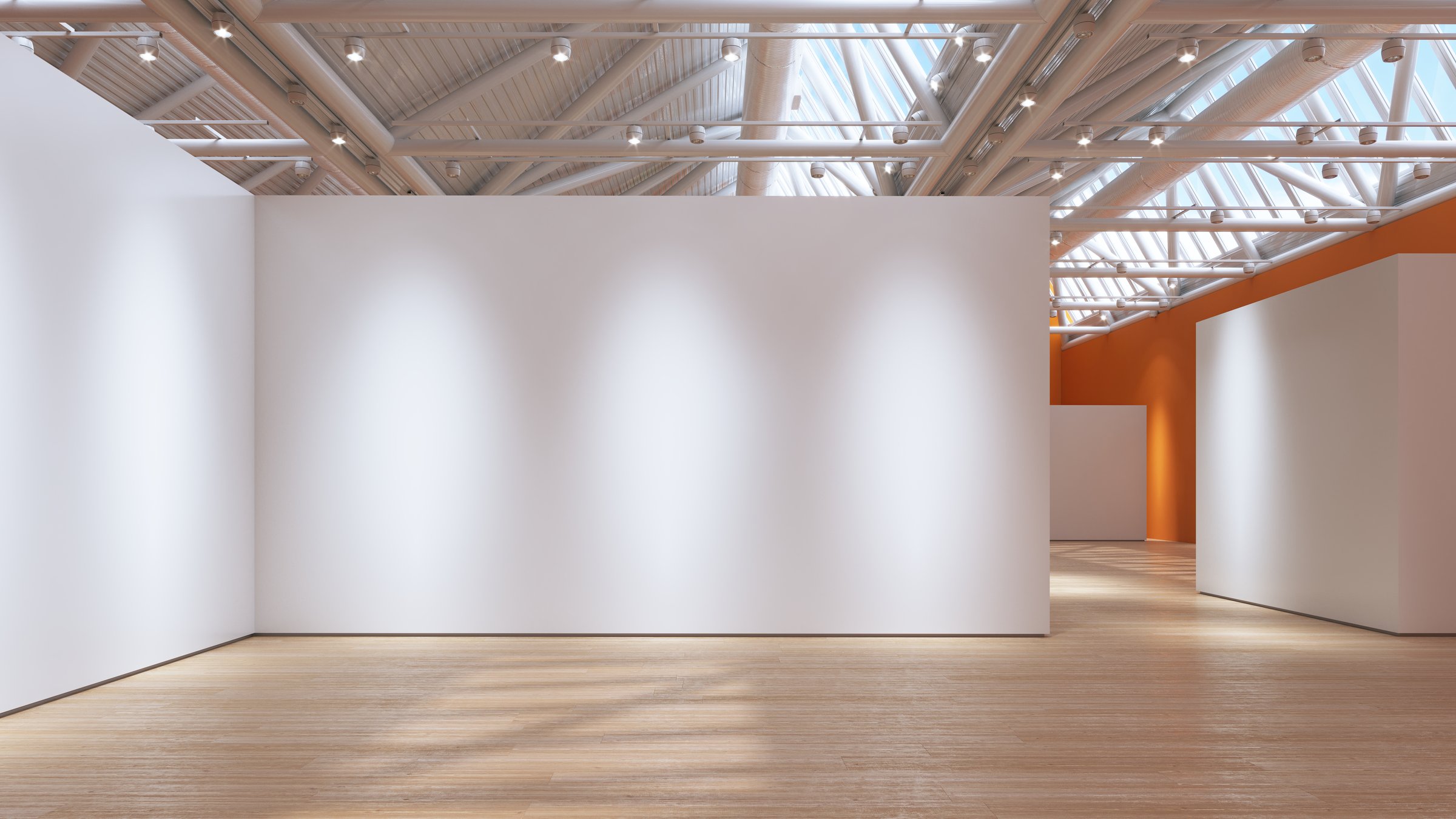 Minimalist exhibition space with orange accent wall and spotlights, 3D rendering.
