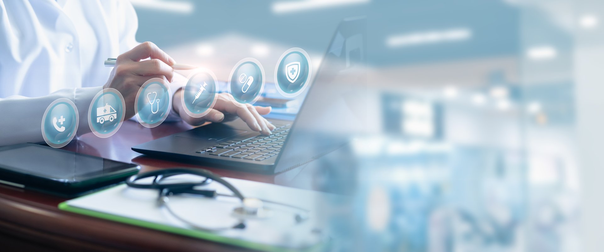 Virtual medicine and digital health. A doctor working at a desk using a virtual screen.