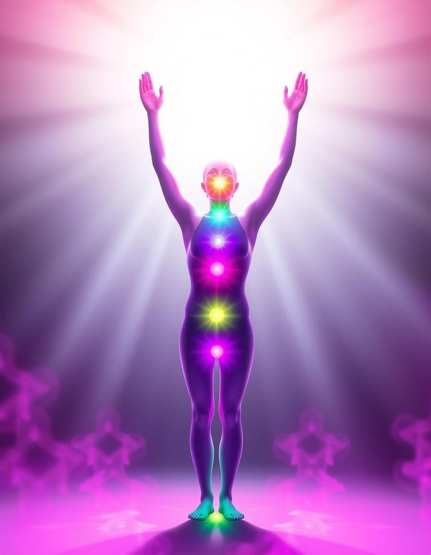 Silhouette of a person with arms raised, colorful chakras aligned along the body, glowing with radiant energy.