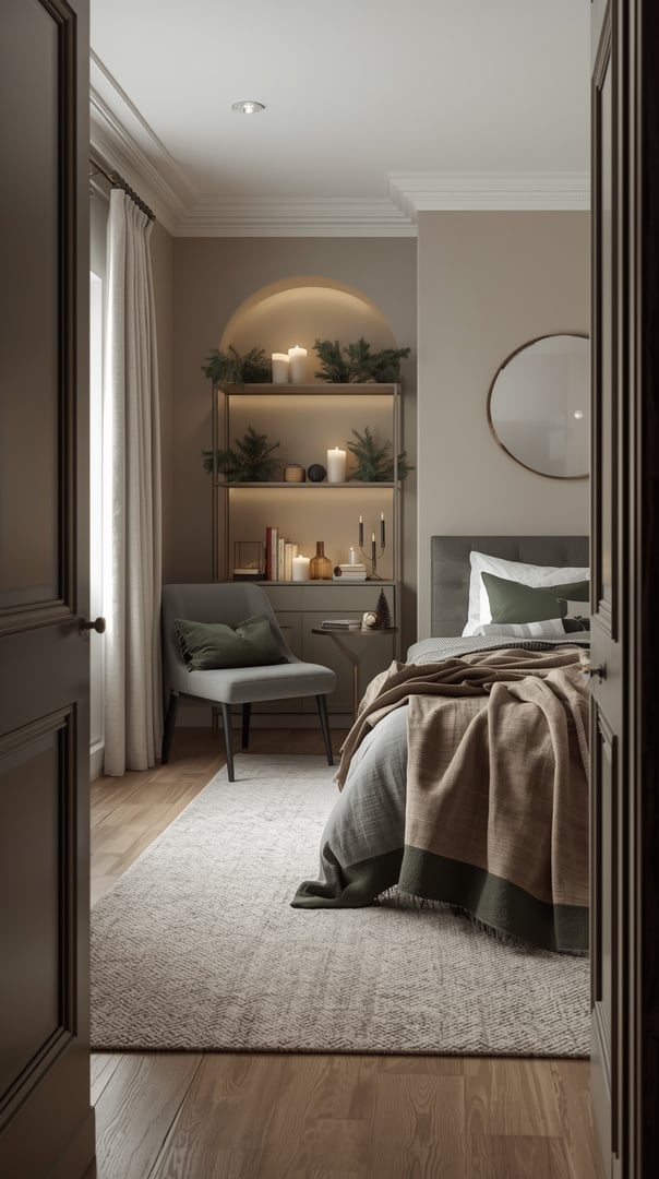 Cozy bedroom with Christmas tree and decorations