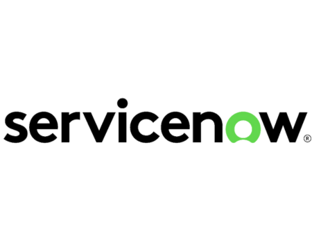 ServiceNow logo with black text and a green circular design around the o.
