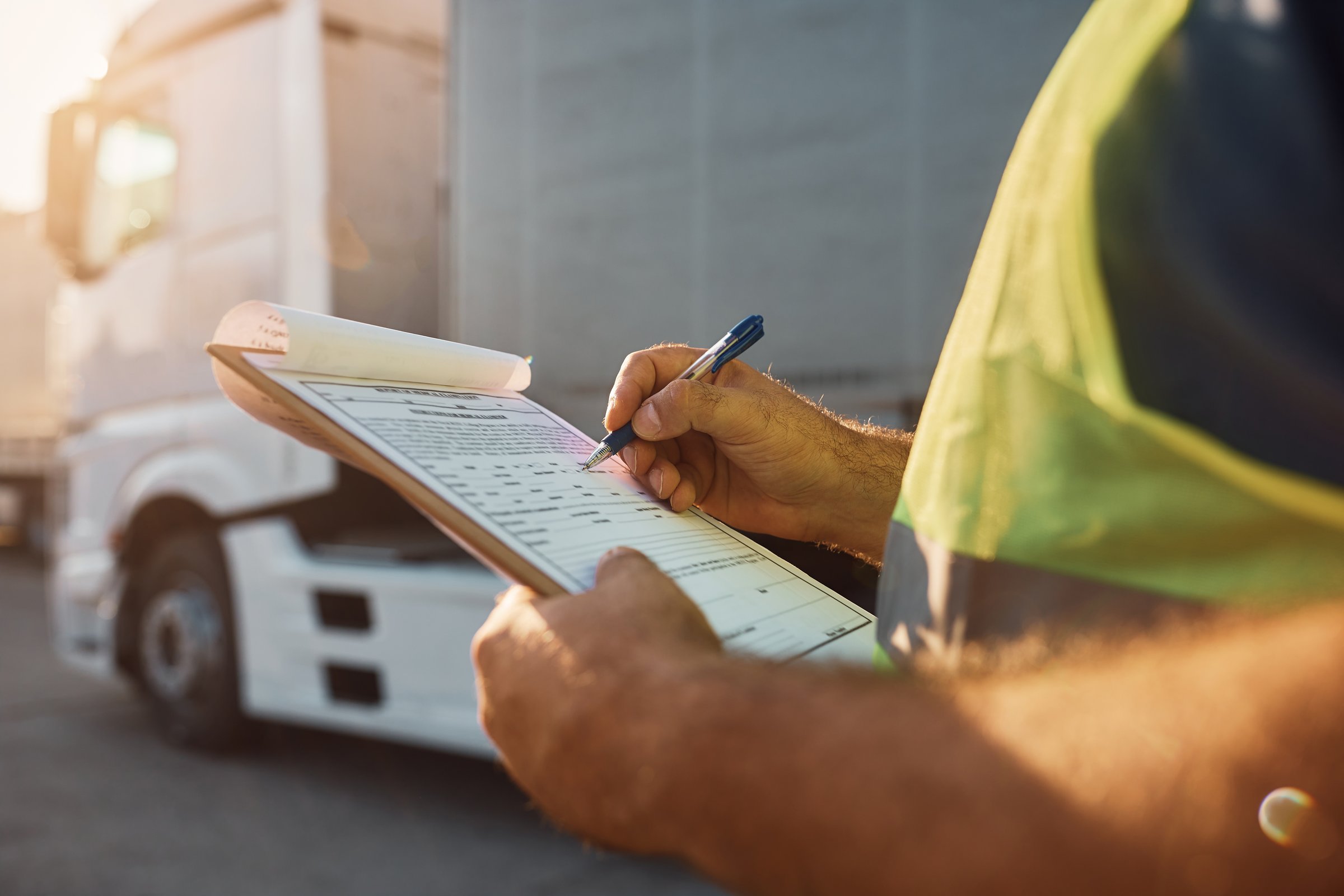 Close up of cargo dispatcher writing on clipboard on truck parking lot.