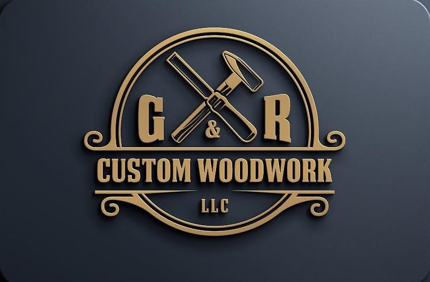 Logo for G & R Custom Woodwork LLC featuring a hammer and chisel inside a circular design on a dark background.