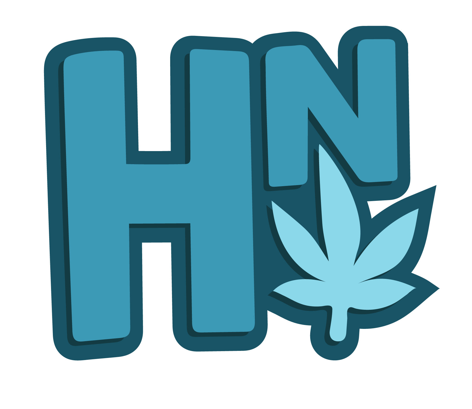HN logo with a cannabis leaf design element in blue.