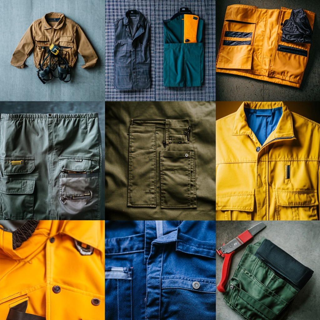 Collage of various workwear garments including jackets, coveralls, and trousers in different colors and styles.