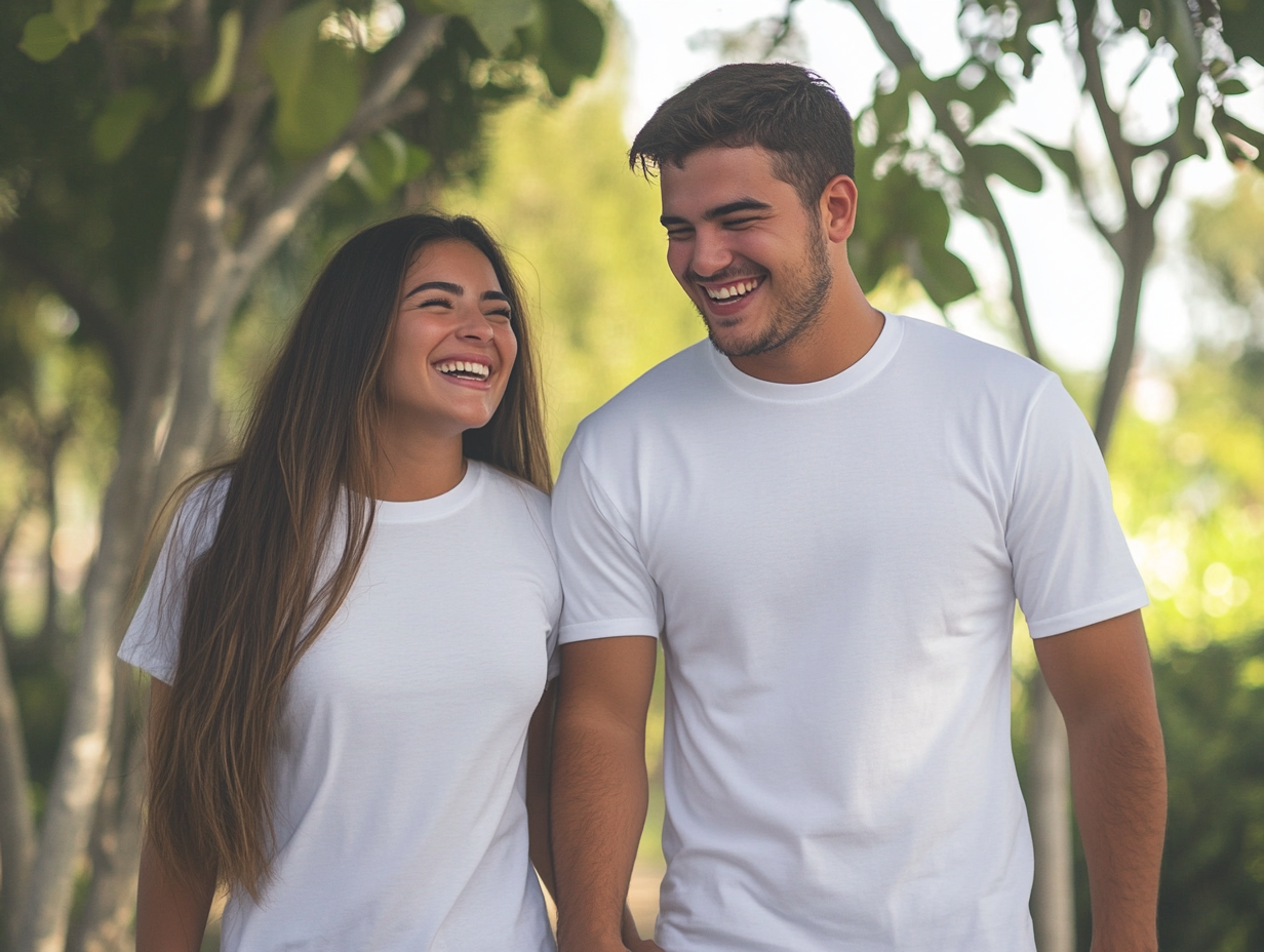 A smiling man and woman wearing white t-shirts walk hand in hand outdoors, surrounded by greenery and trees.