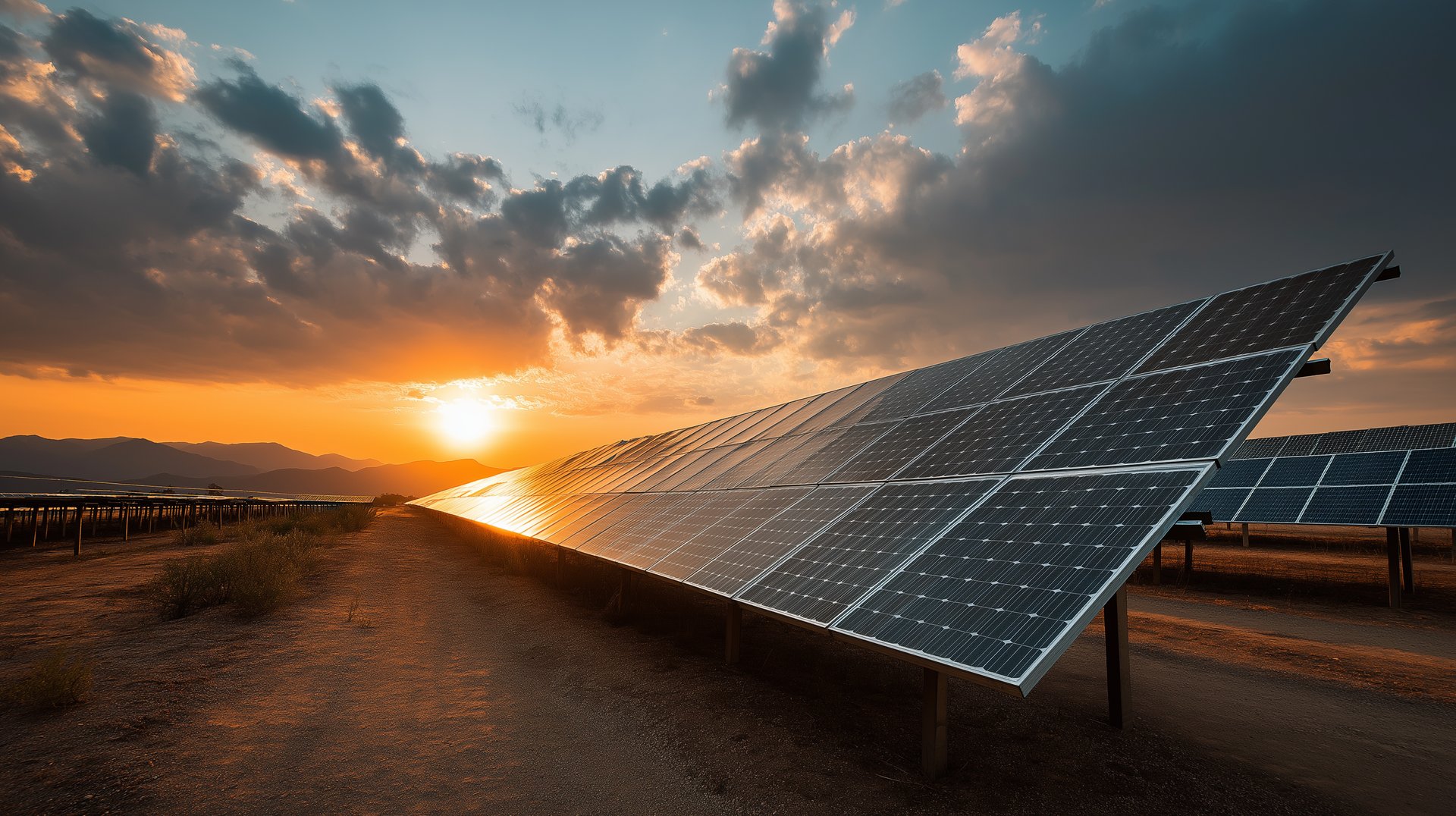 Solar panels in a field at sunset with mountains in the background and clouds in the sky.