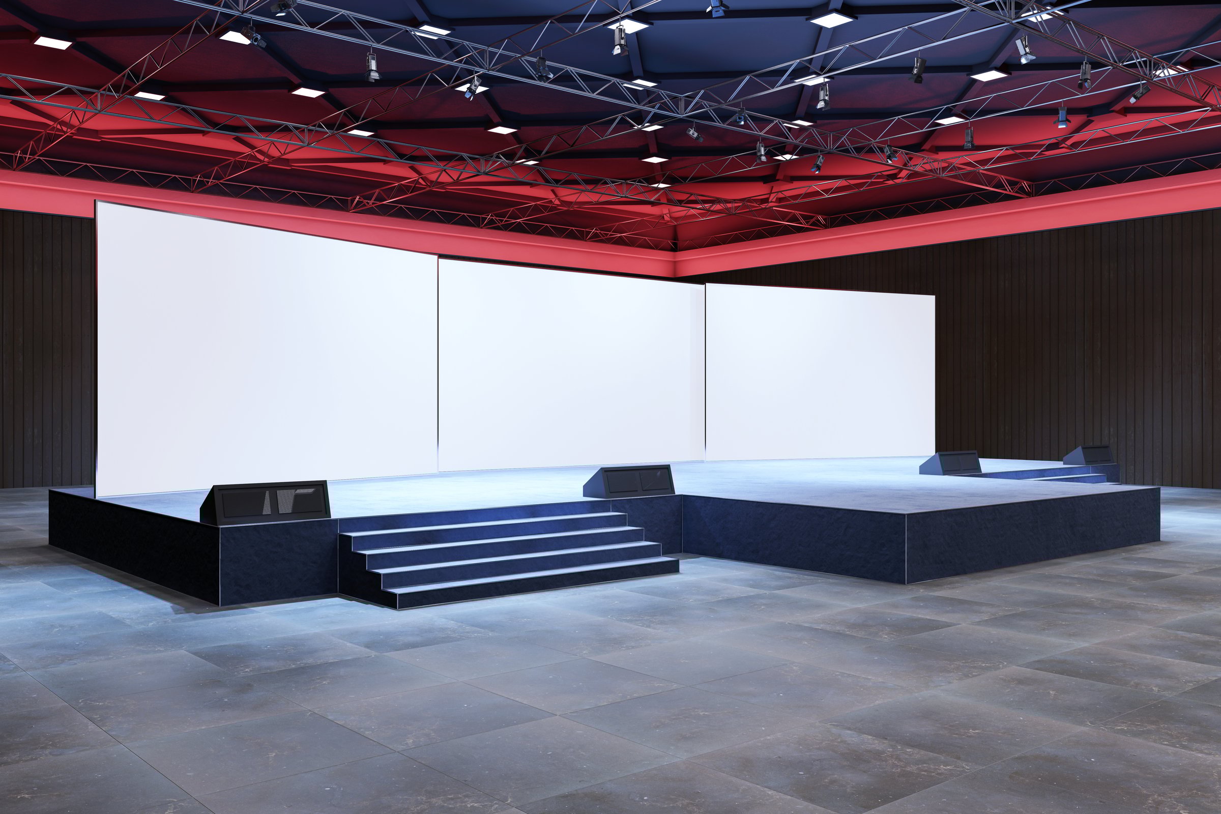 Modern empty stage with blank white screens and red ceiling lights in a dark auditorium. Concept of venue design and event preparation. 3D Rendering.