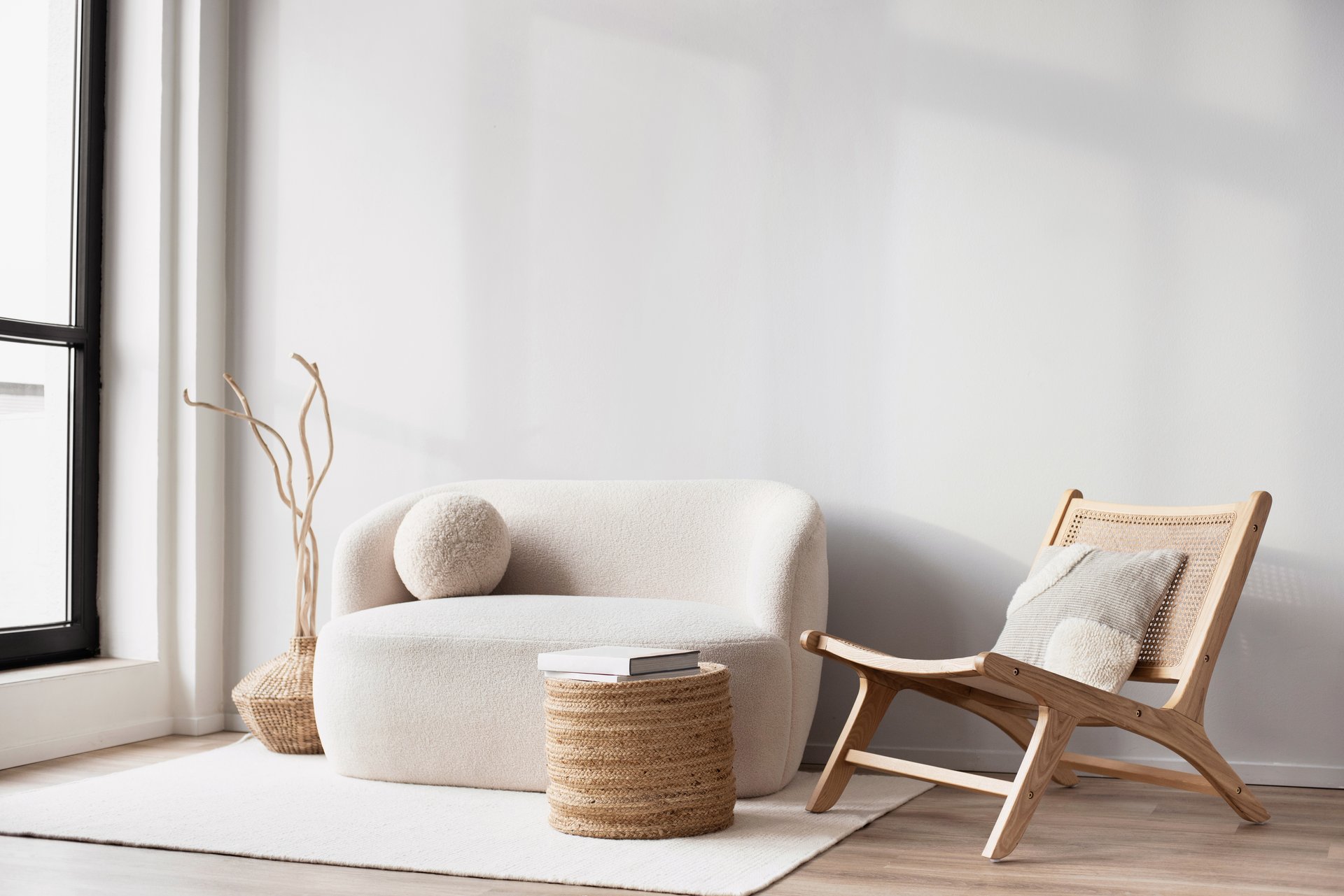 View of modern interior design. Minimalism boho style.