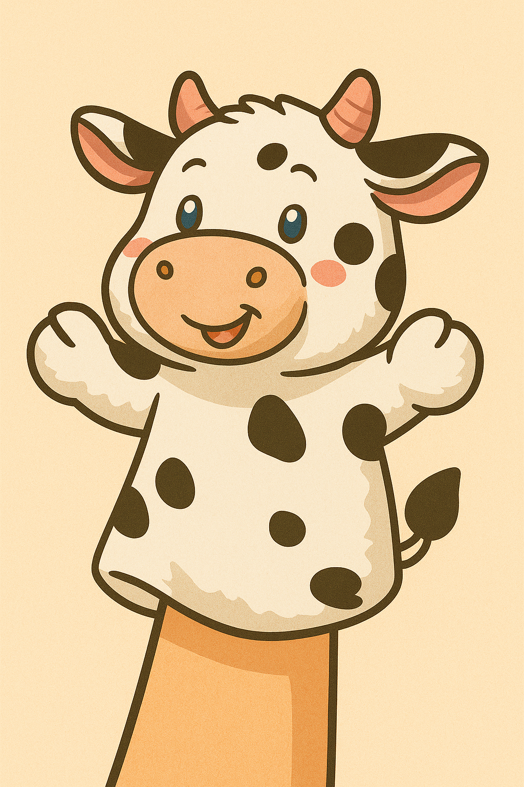 Cartoon cow hand puppet with black spots, pink snout, and blue eyes, on a beige background.