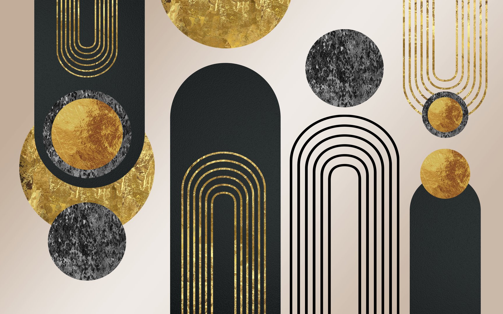 3d modern minimalist mural wallpaper. Golden and black lines, circles in marble background. Interior bedroom wall home decoration