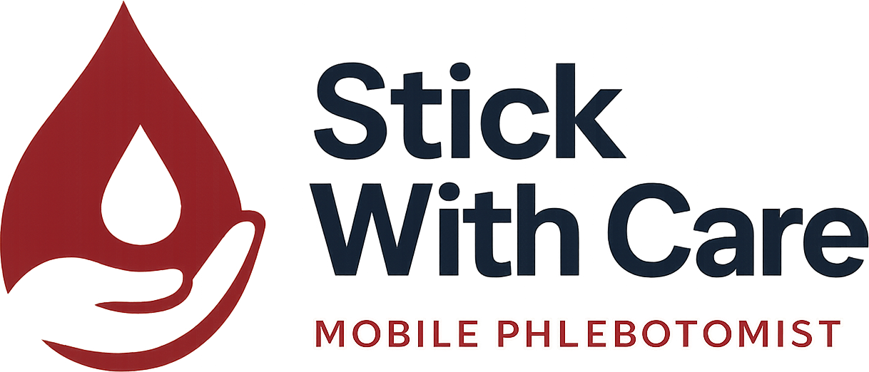 Logo with a red drop and hand symbol, text reads Stick With Care, Mobile Phlebotomist.
