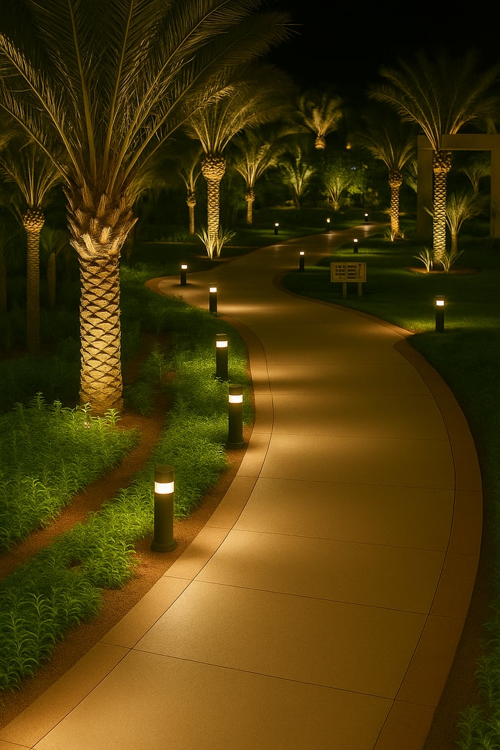 A well-lit pathway lined with palm trees and small garden lights at night, creating a serene and inviting atmosphere.