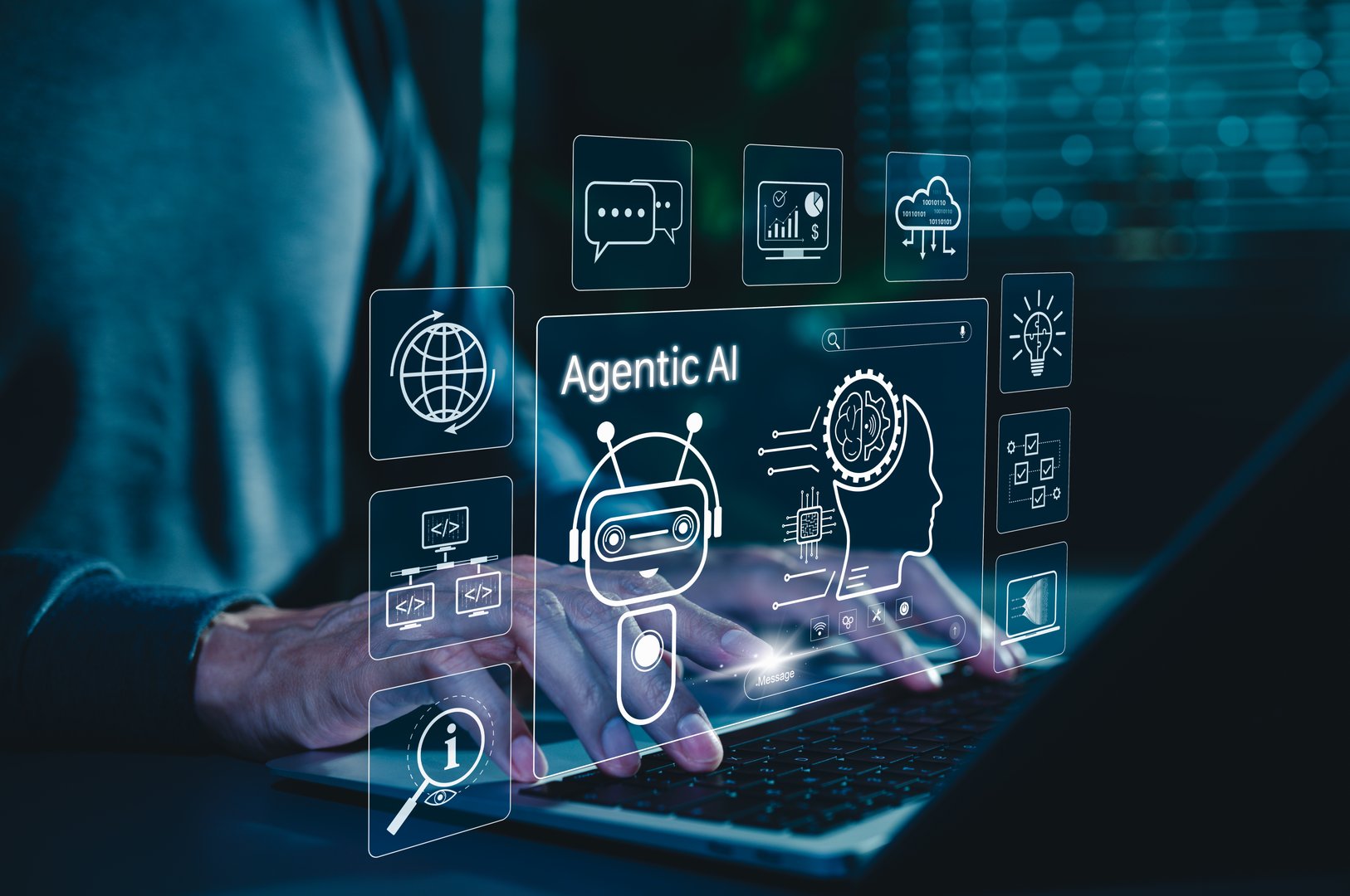 Agentic AI Technology for Intelligent Digital Automation Systems. Man using laptop with robot, brain, agentic AI icons, advanced artificial intelligence, automation, intelligent solutions, modern tech, Chatbot, Chat AI, AI Assistant, AI agent,