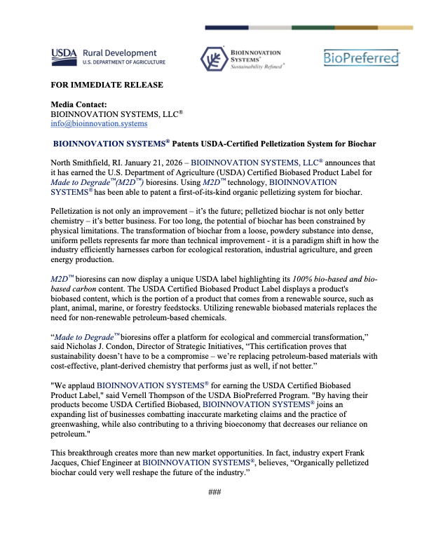 BIOINNOVATION SYSTEMS® Patents USDA-Certified Pelletization System for Biochar Press Release