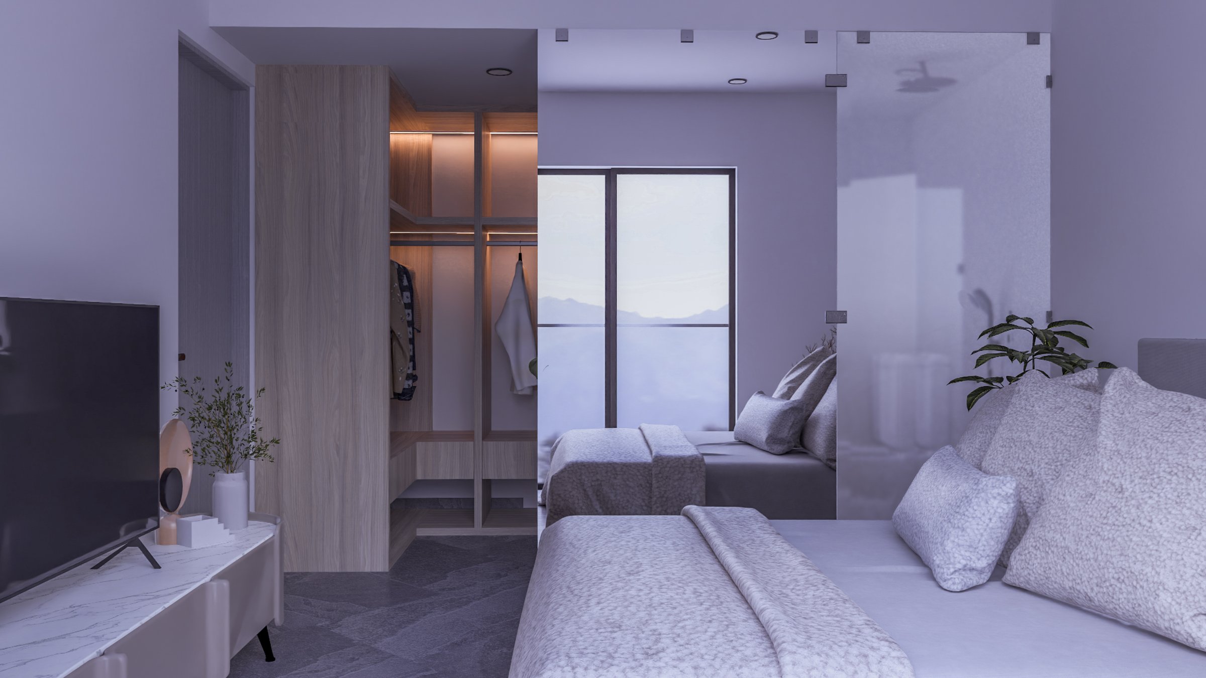 Modern bedroom with a double bed, TV, and open closet. Soft lighting and a plant add to the decor.