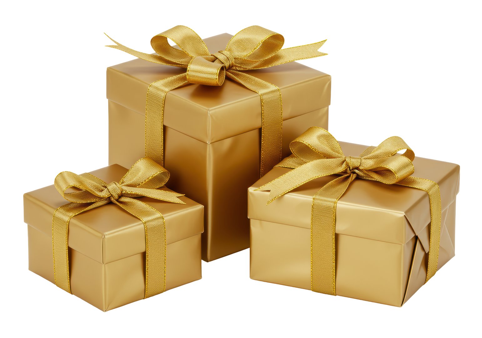 Isolated Stack of Three Golden Gift Boxes with Ribbons