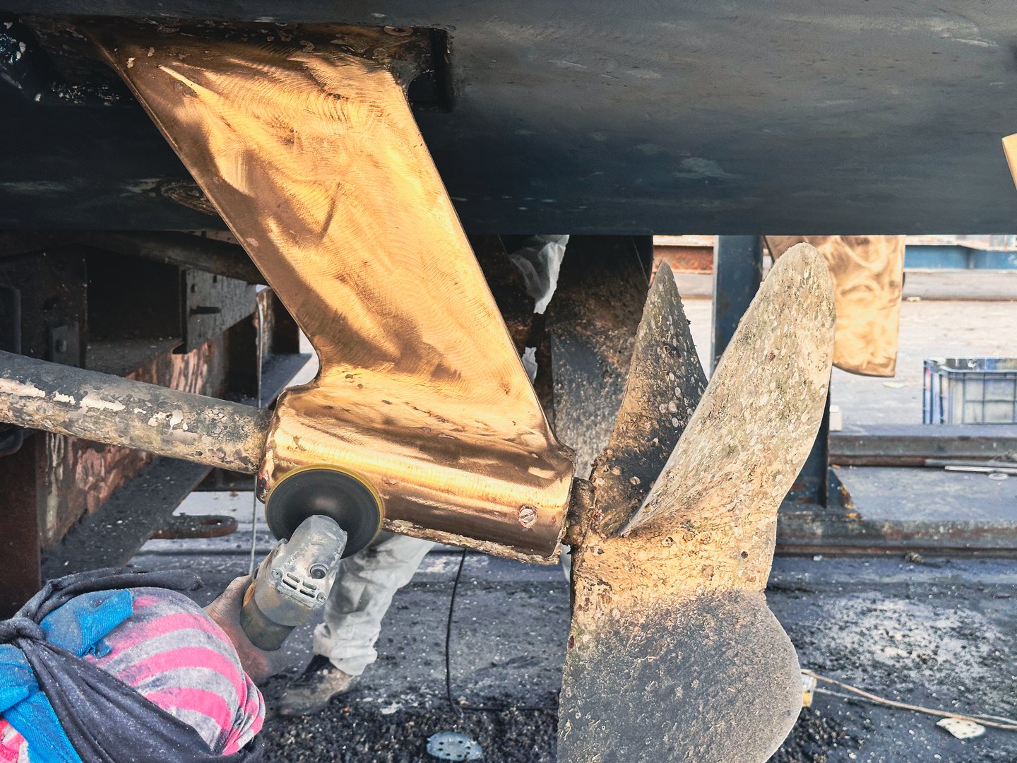 A beautiful motor yacht hauled out in dry dock for repair