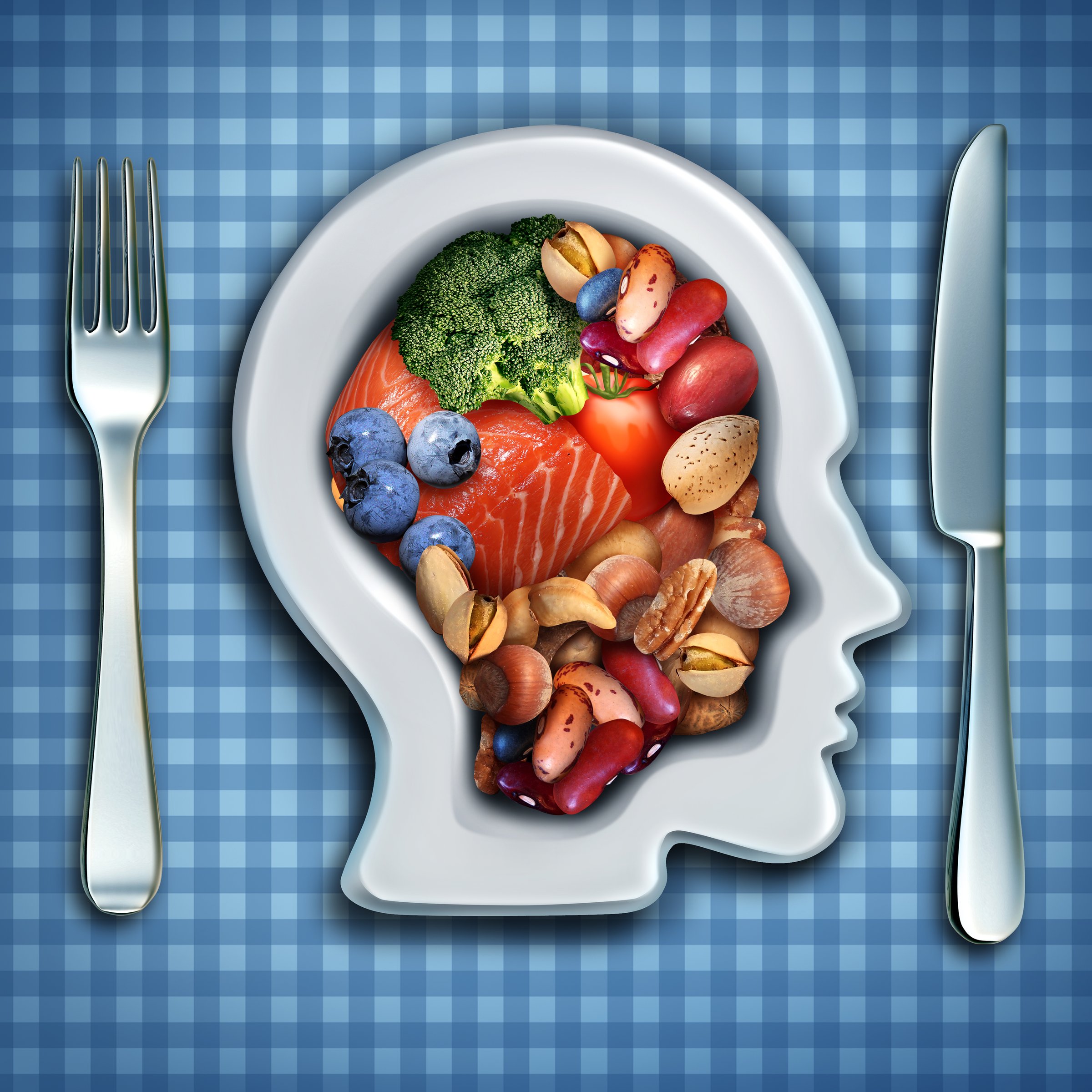Brain nutrition and brainpower food diet as fish and nuts with broccoli and beans in a dish shaped as a human head as a healthy mind diet symbol with 3D illustration elements.