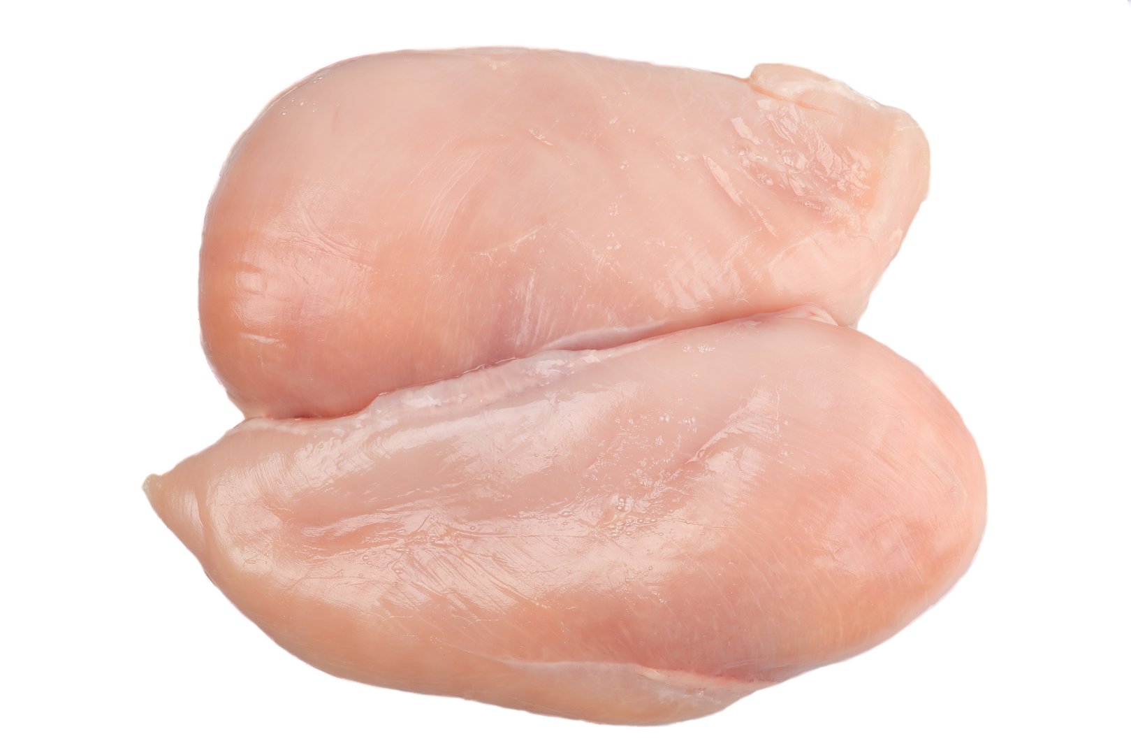 Chicken fillet isolated on white background. Two halves. Top view.