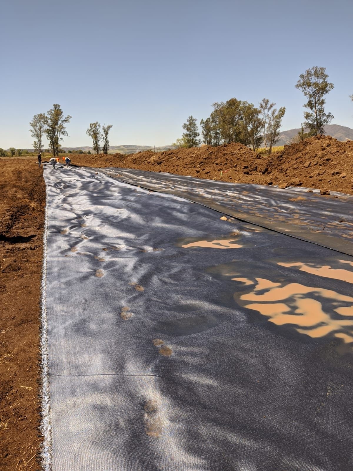 Construction site with workers laying black geotextile fabric on a dirt path, surrounded by trees and mounds of soil.
