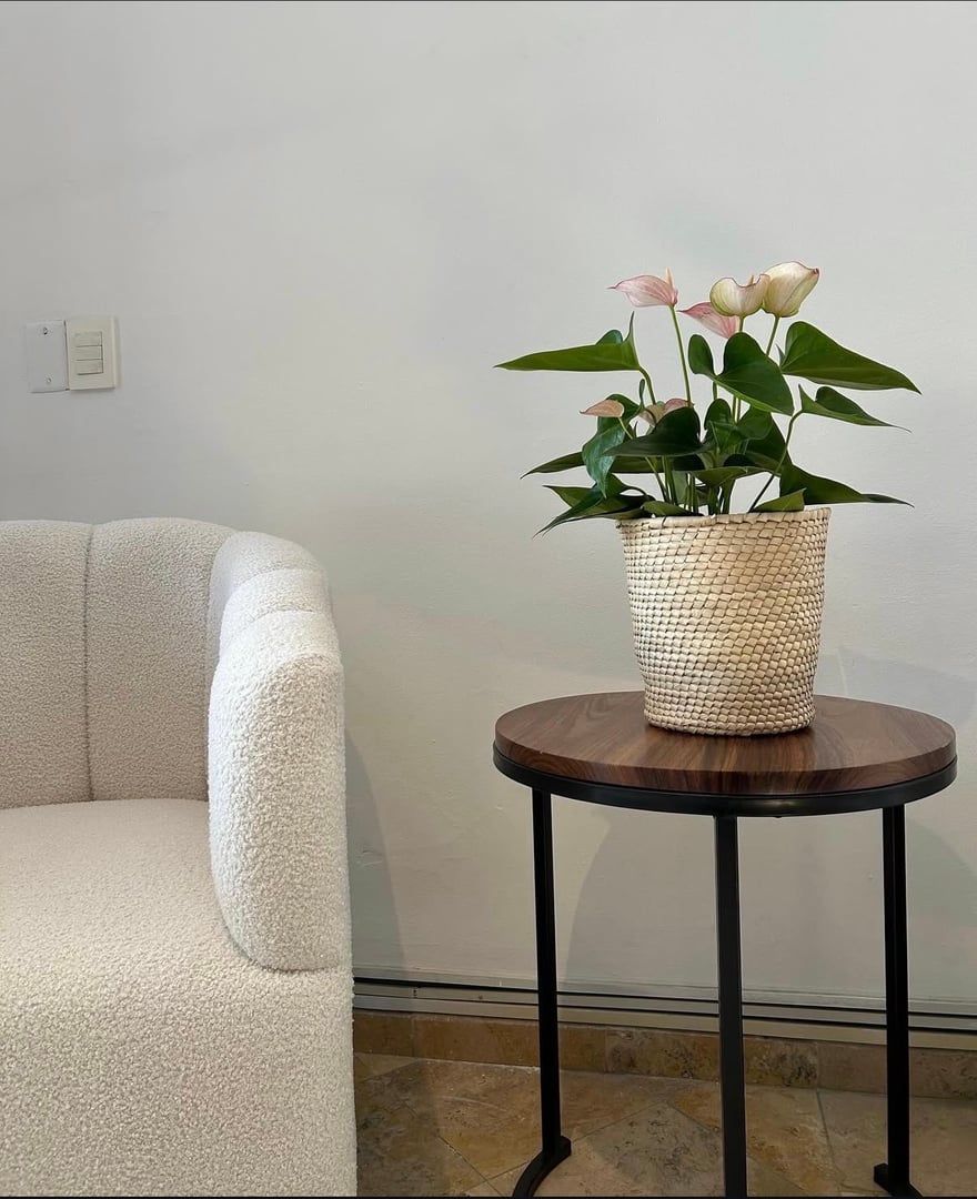 Mesa auxiliar redonda con cubierta de parota de veta marcada y base de acero negro mate