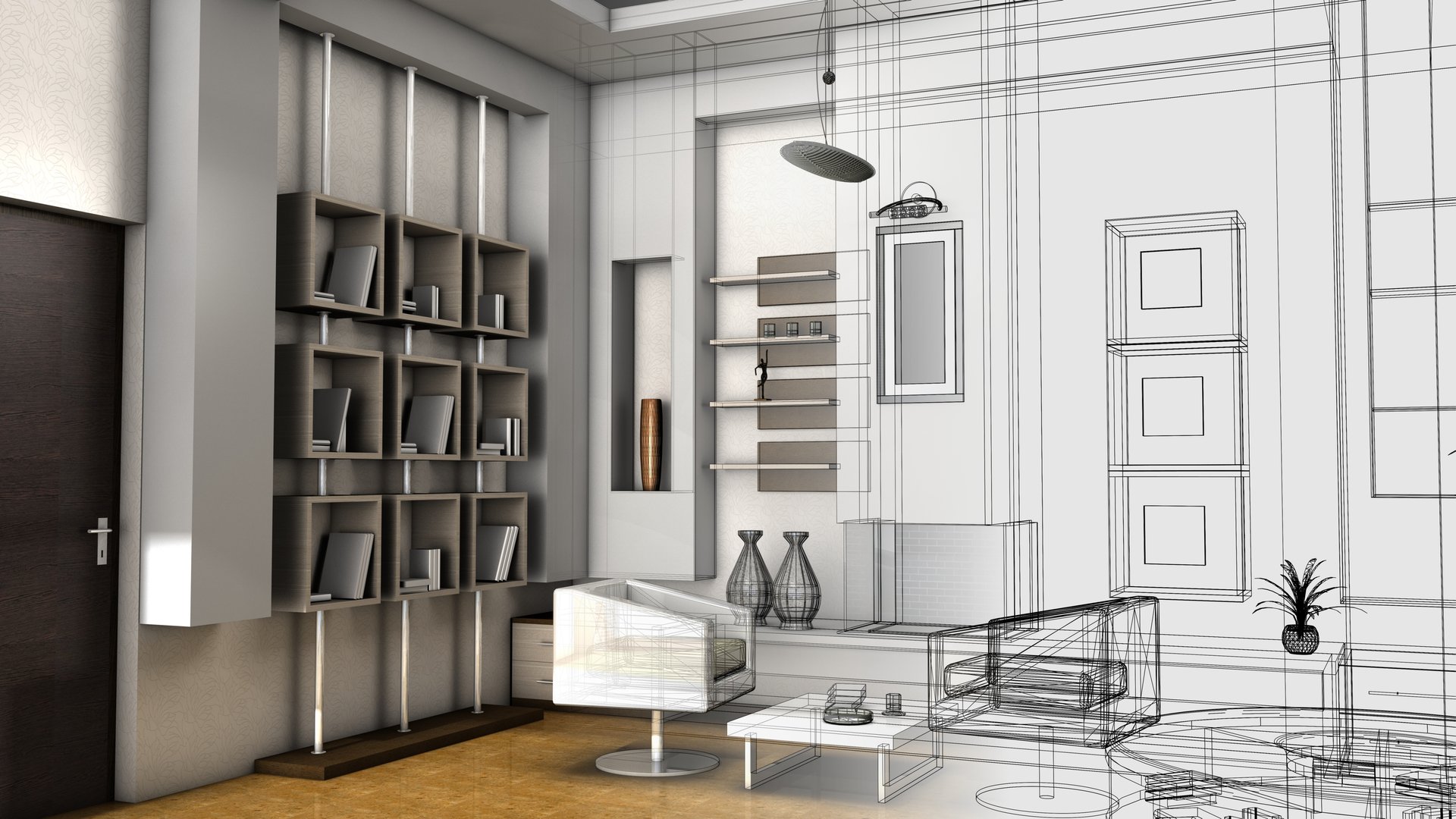3D rendering of a living room with contrasting realistic rendering and wireframe.