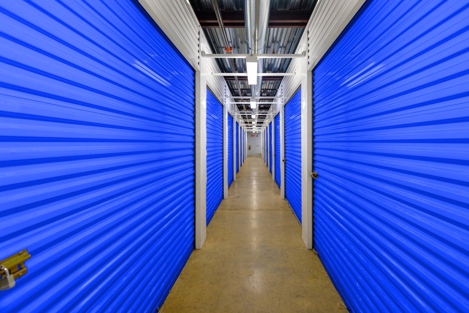 Inside climate controlled storage units with bright blue doors