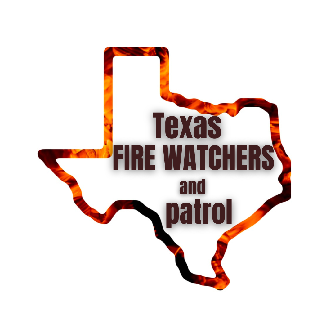 Logo of "Texas Fire Watchers and Patrol" inside an outline of Texas with a fiery texture.
