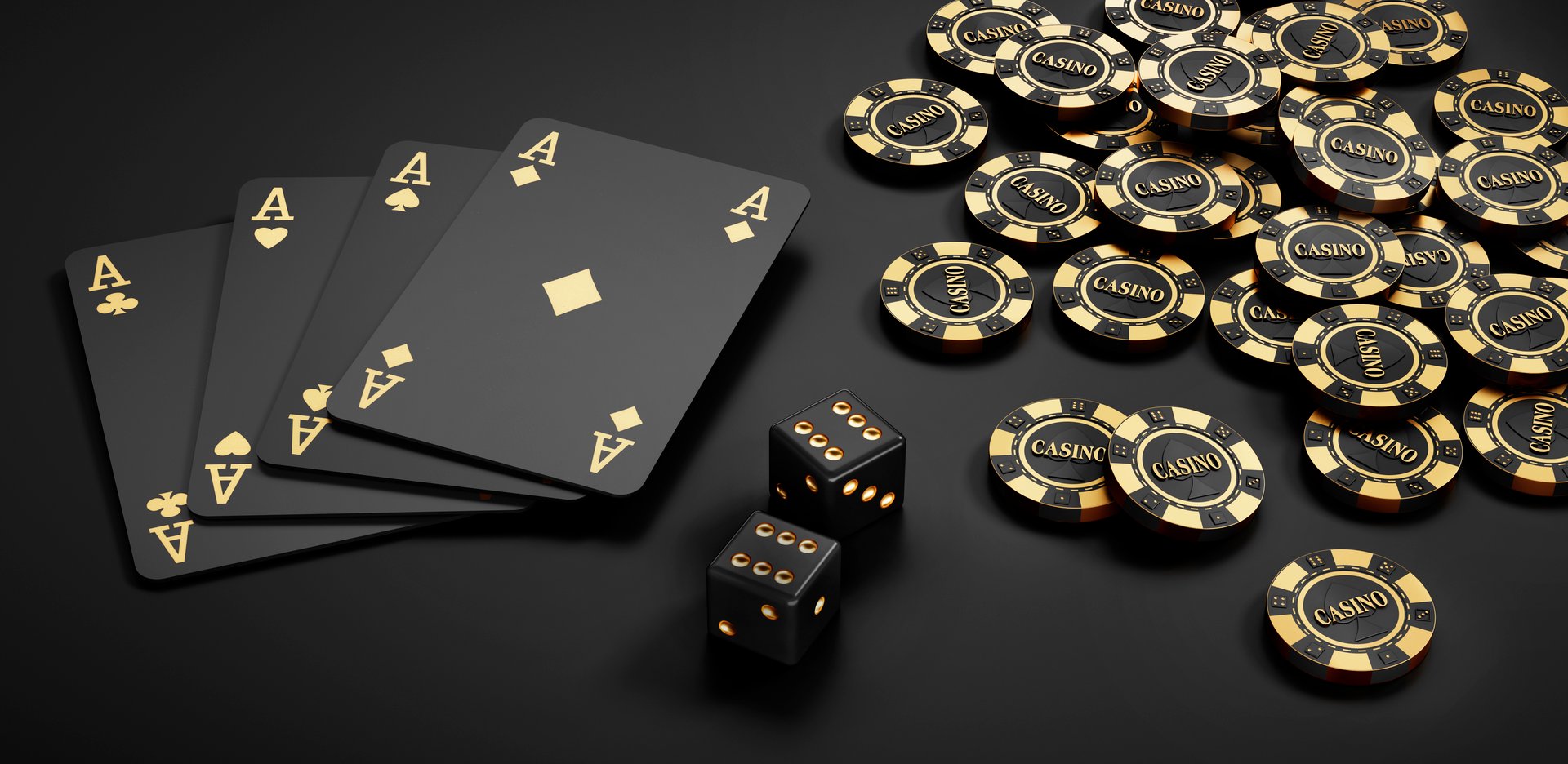 Four black casino playing cards with gambling dice and stack of gambling chips on dark background - 3D illustration