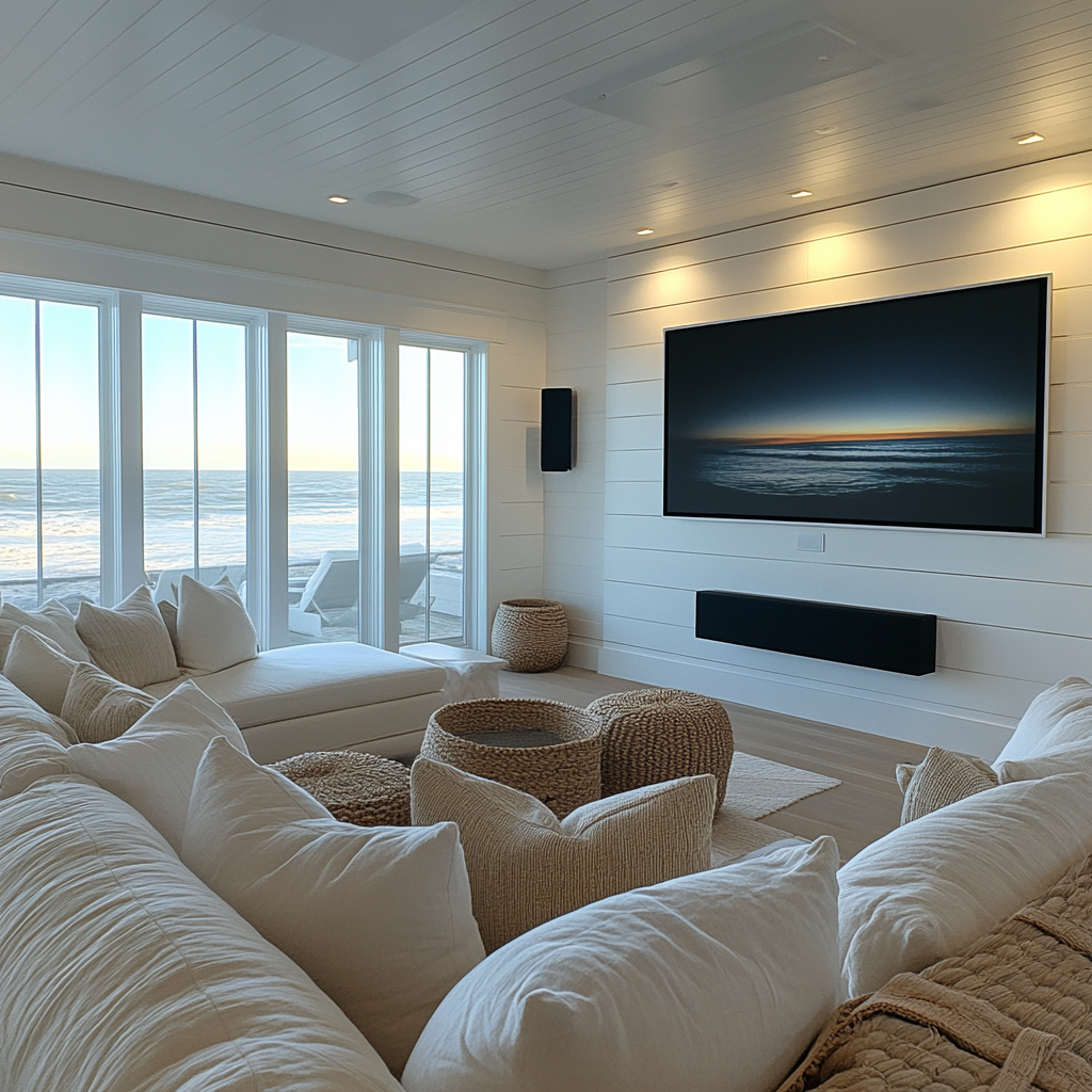 Beachfront living room with cozy white sofas, a large wall-mounted TV, wicker furniture, and an ocean view through glass doors.