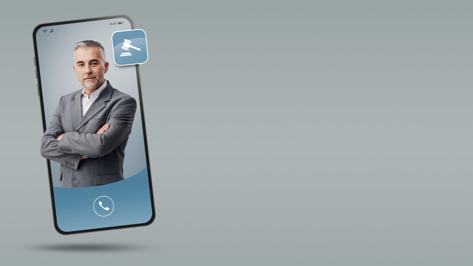 Lawyer videocalling on smartphone screen, professional legal service online and consulting