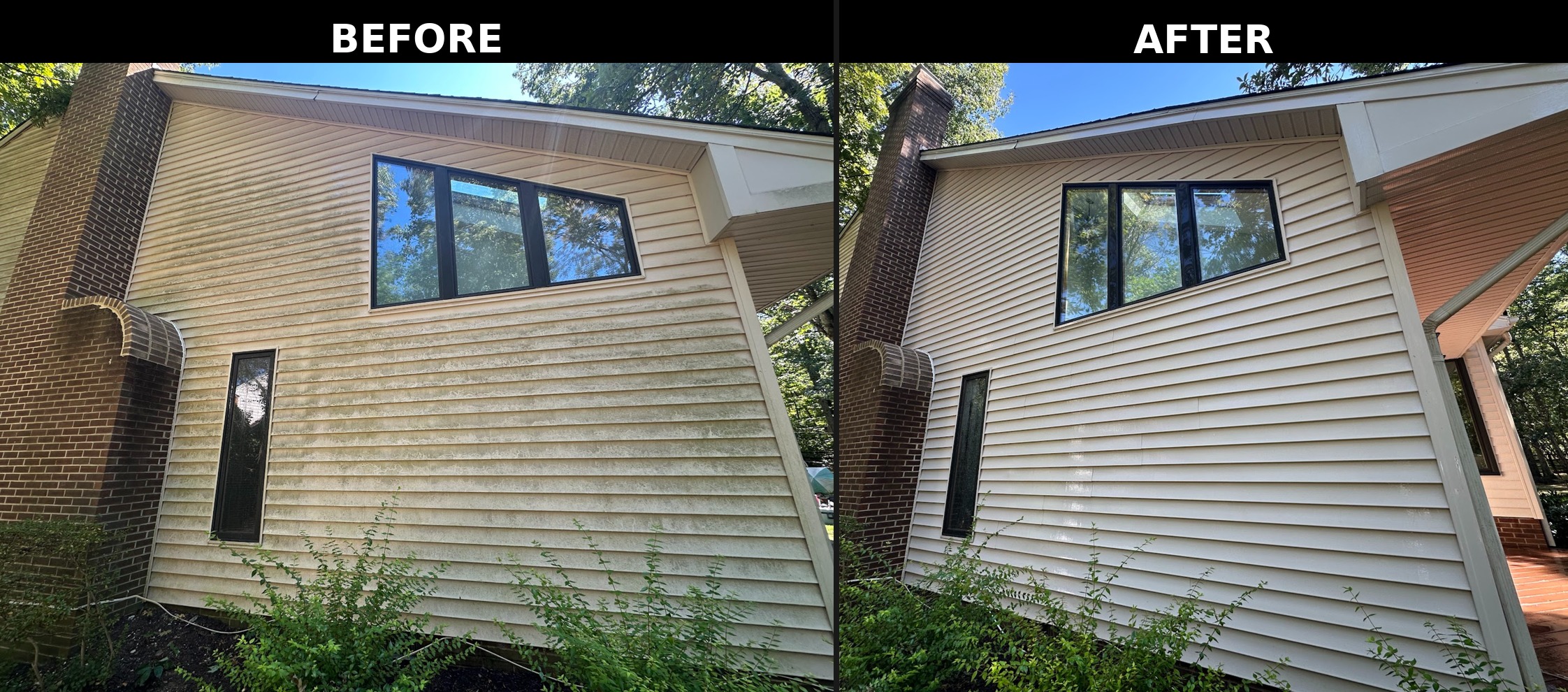 Before and after house siding pressure washing showing dramatic transformation