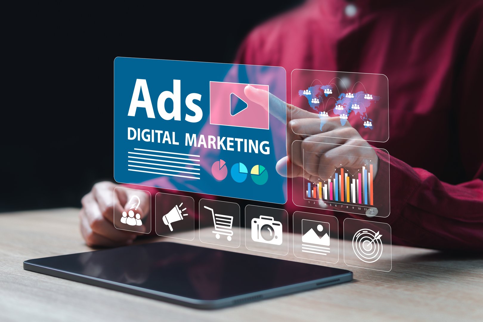 Digital marketing commerce online sale concept, Businesswomen analyze statistics for online marketing, Ads dashboards, Ads on websites and social media, Advertising increases visibility, Branding