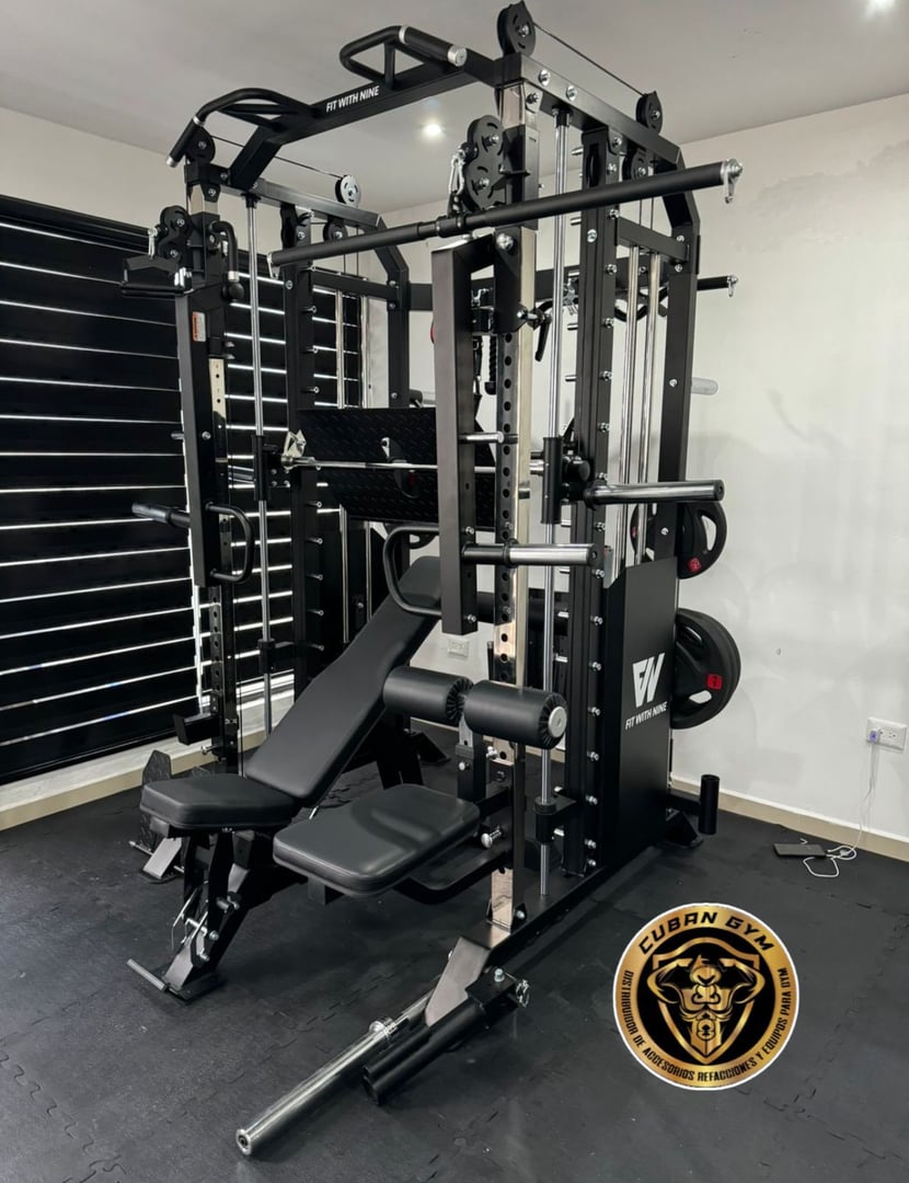 A multifunctional home gym machine with various attachments and weight plates, branded with Cuban Gym.
