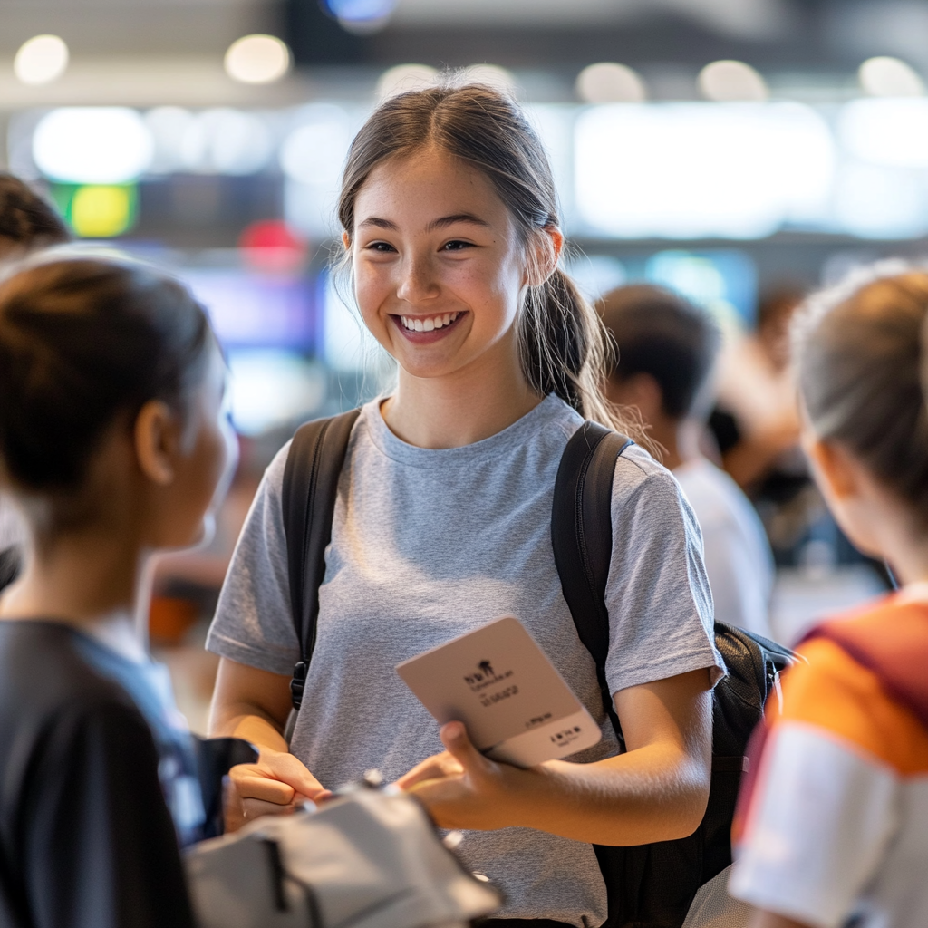 Responsible adults and welcome team members greeting students at airport arrival