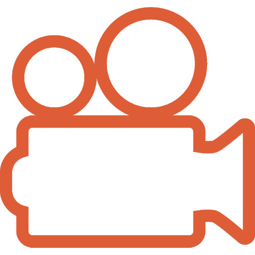 Icon of a movie camera with two film reels and a lens, outlined in orange with a light blue fill.