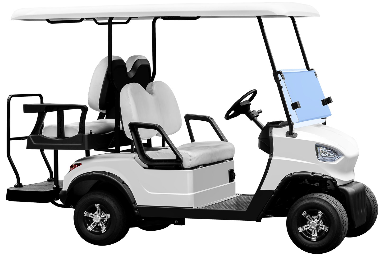 Side view white golf cart isolated on white background with clipping path