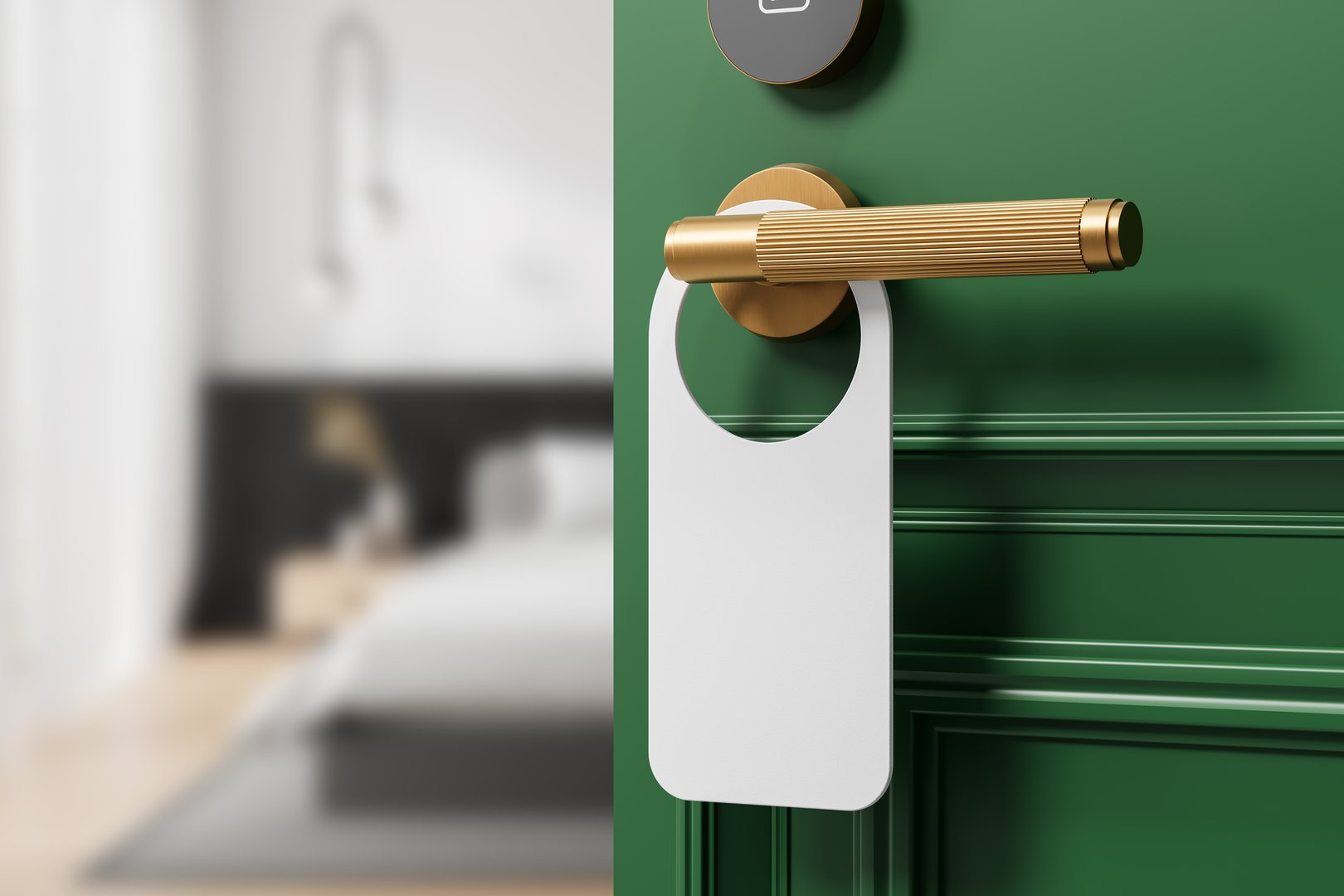 Empty white door hanger on a gold handle of a green hotel door, with a blurred bedroom in the background. Perfect for design mockups and branding concepts. 3D Rendering
