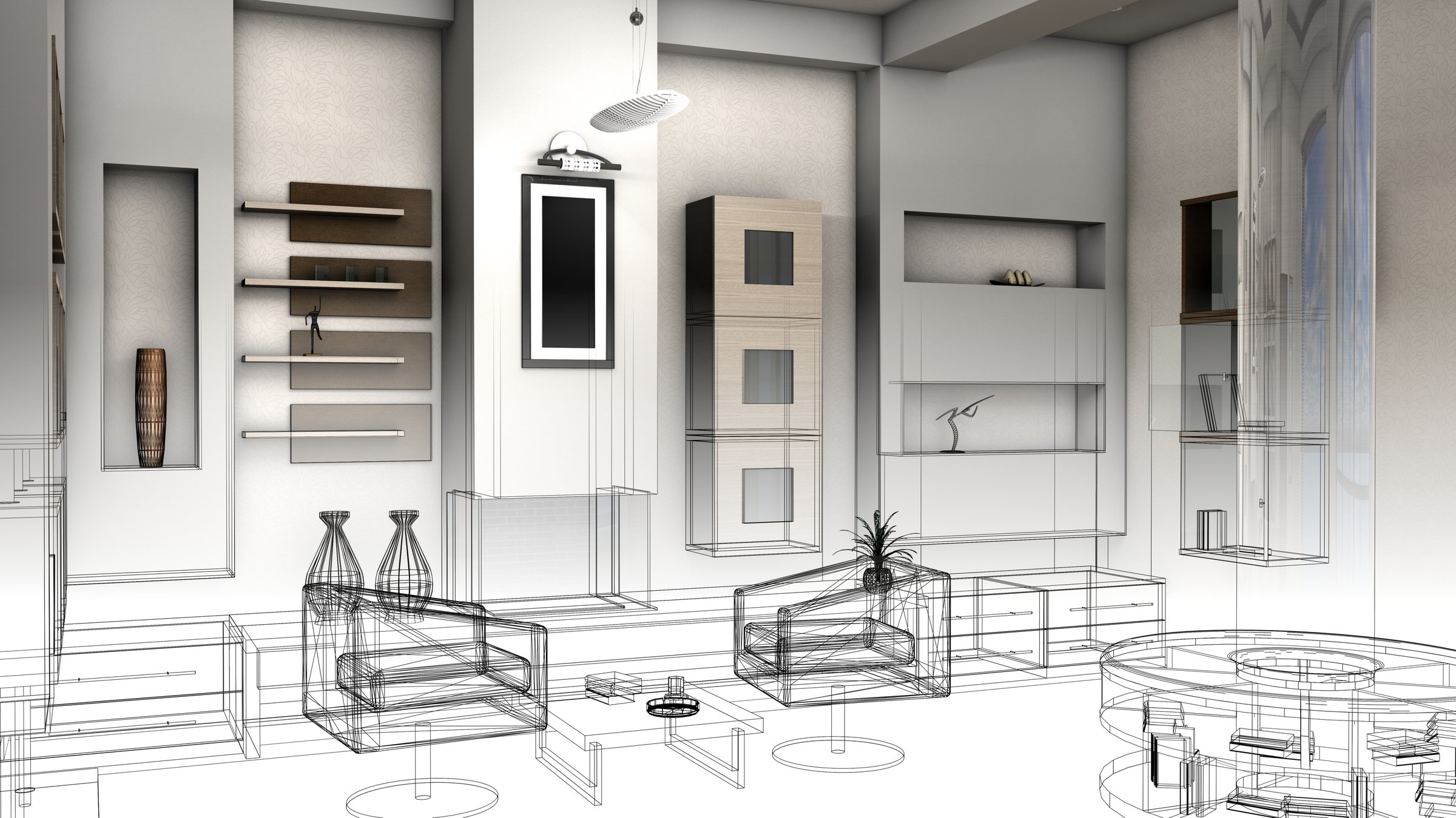 Sketch design of a living room, 3d wire frame render.