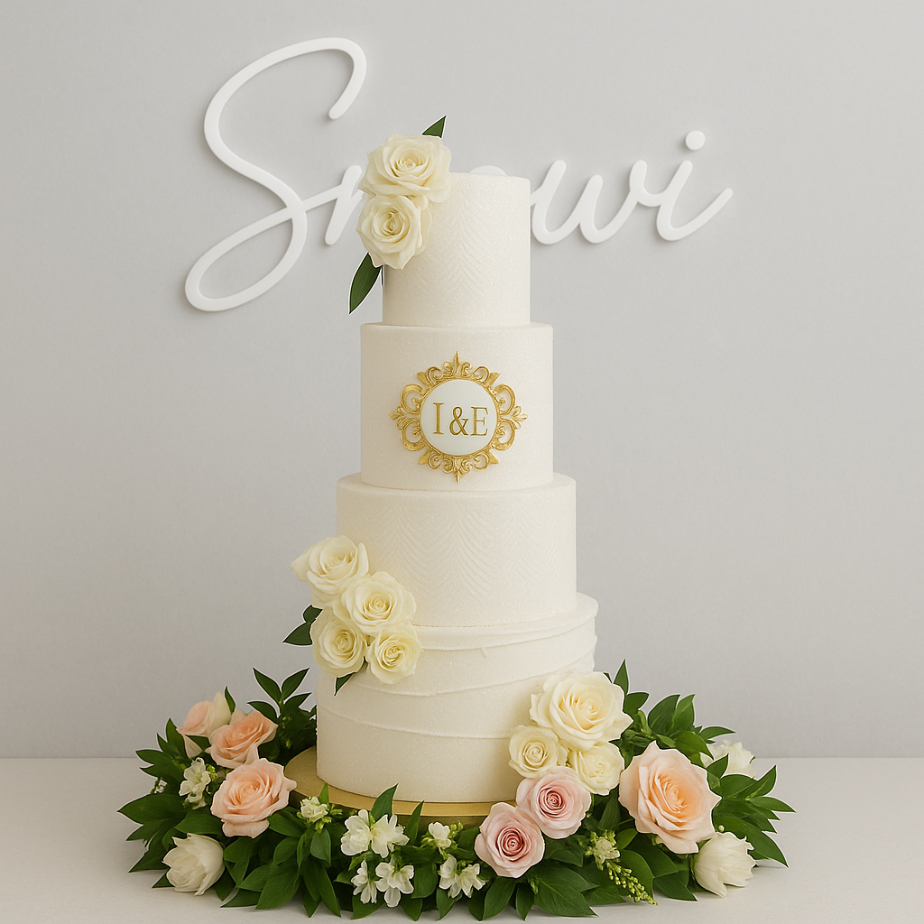 A white three-tier wedding cake with yellow and peach roses, monogram I&amp;E, and a floral base, set against a gray backdrop.