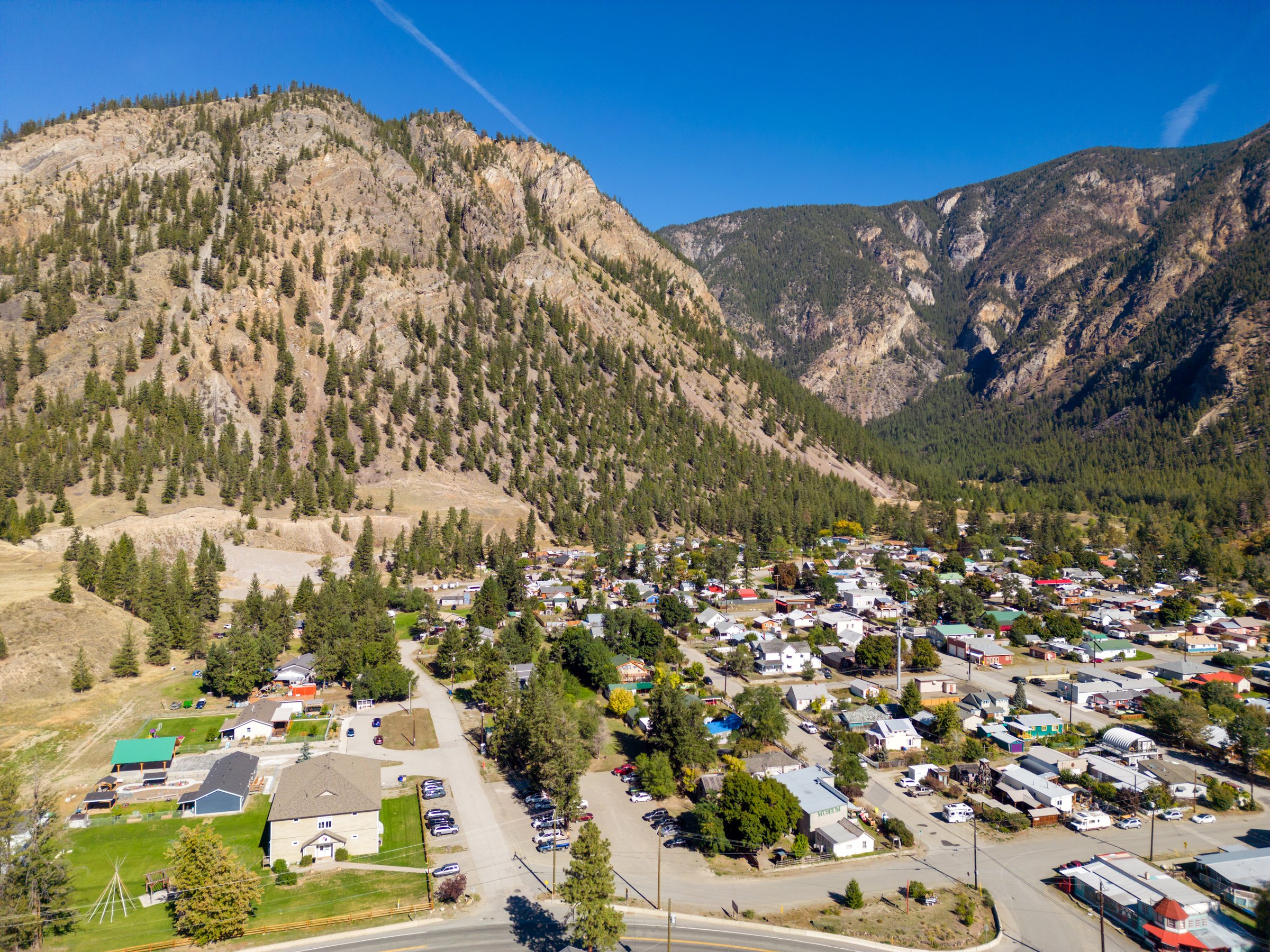 Aerial drone landscape view of the small town and former mining town of Hedley, British Columbia, Canada which is located in the Similameen Valley.