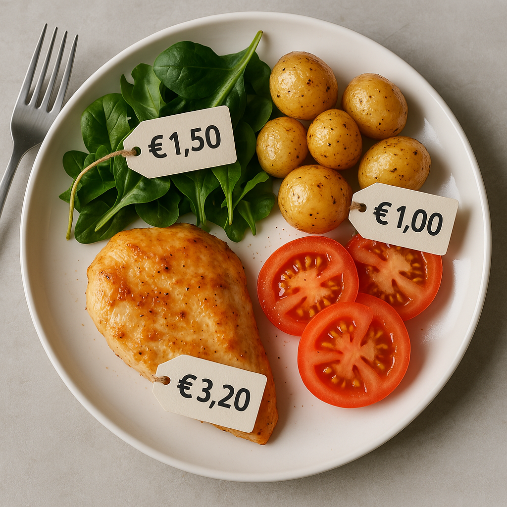 Plate with chicken breast, spinach, potatoes, and tomato slices, each labeled with prices in euros.