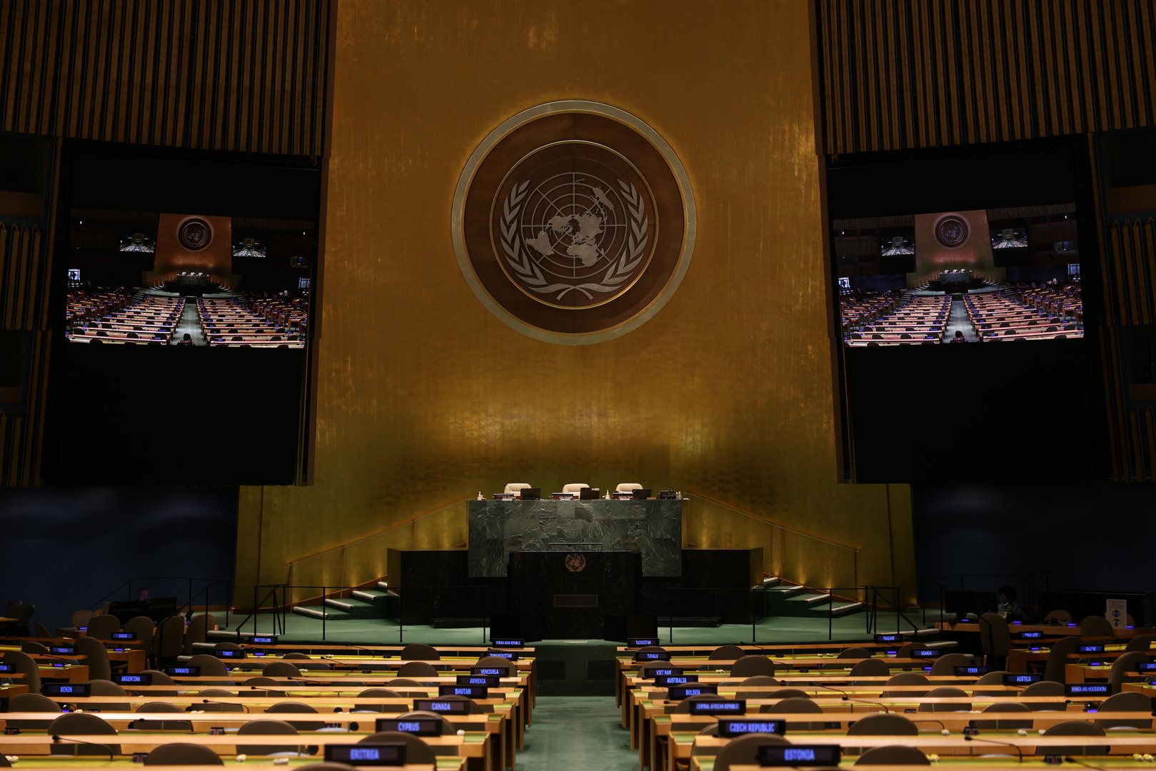 Empty hall of the United Nations General Assembly at the UN headquarters in New York during the Assembly's 76th regular session on February 2, 2022. The chamber has frequently been found empty during the COVID-19 pandemic period due to meeting restrictions imposed by the Host Government.