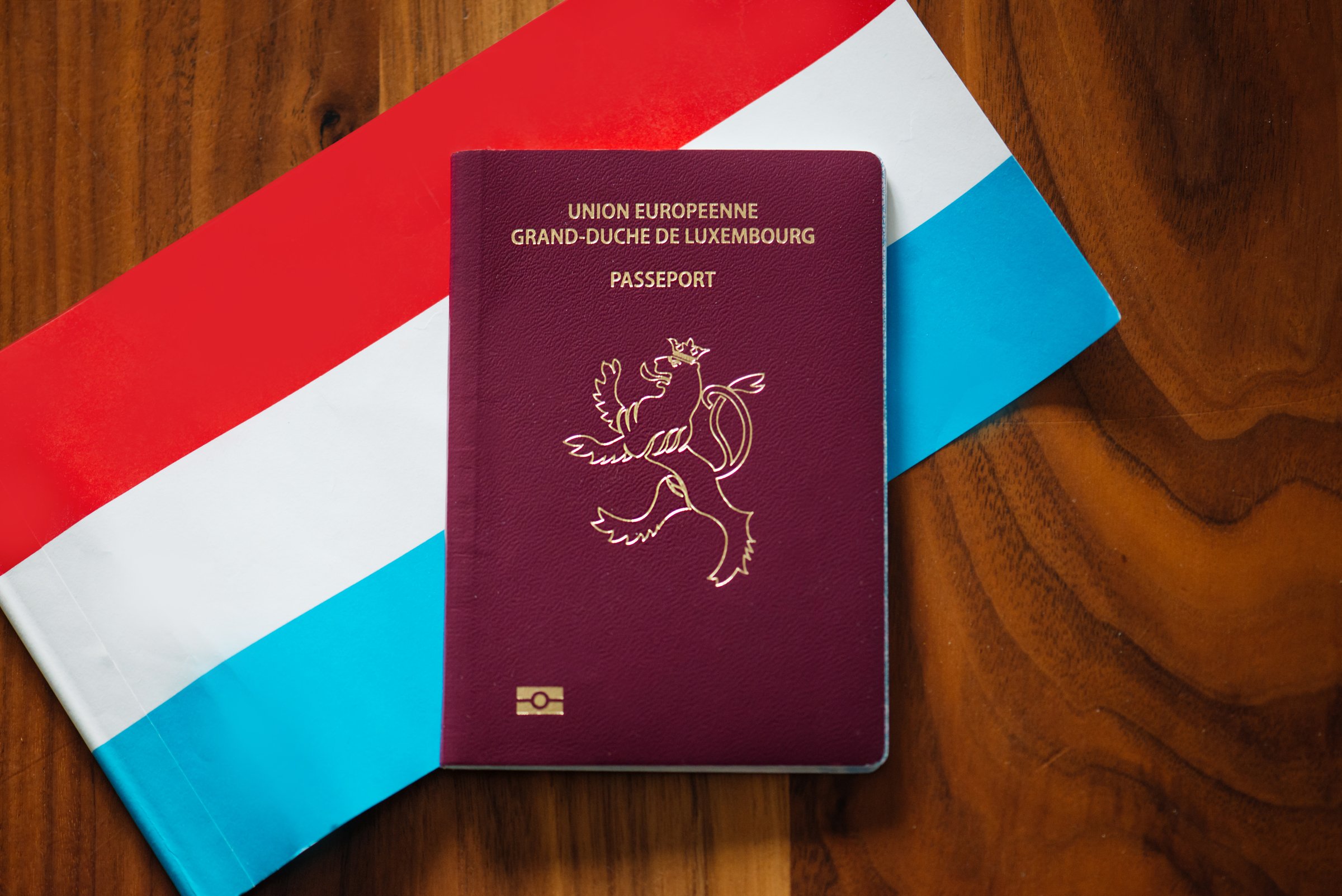 Passport of Grand Duchy of Luxembourg on the Luxembourg flags background
