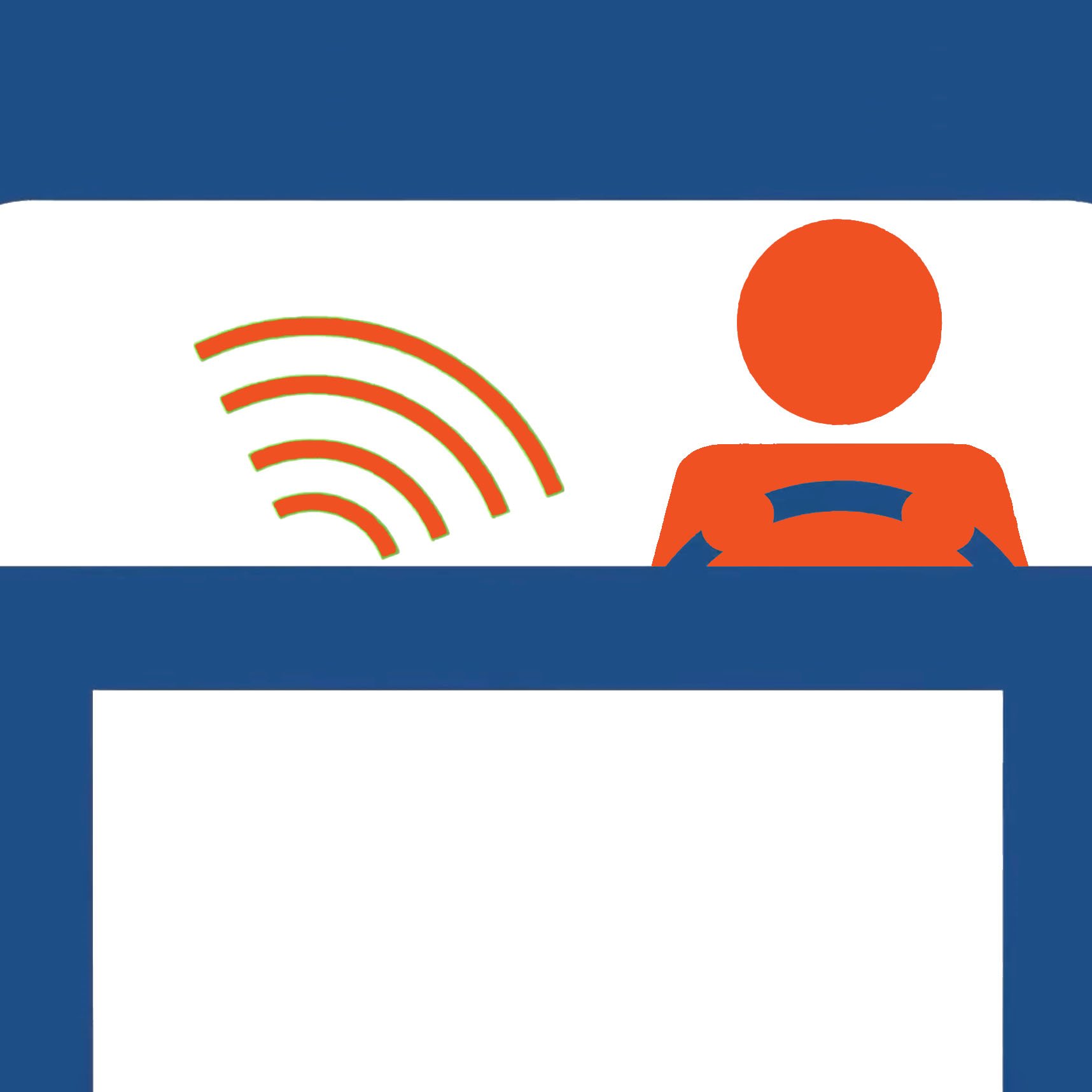 Stylized icon of a person driving a car with a wireless signal symbol, indicating connectivity or communication.